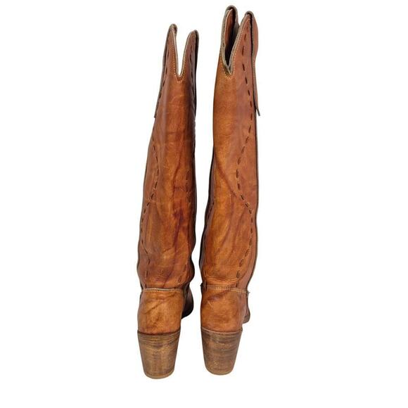 Acme Vintage Brown/Tan Leather Cowgirl Boots Sz 4 1/2 Knee High Top Stitching - Picture 7 of 8